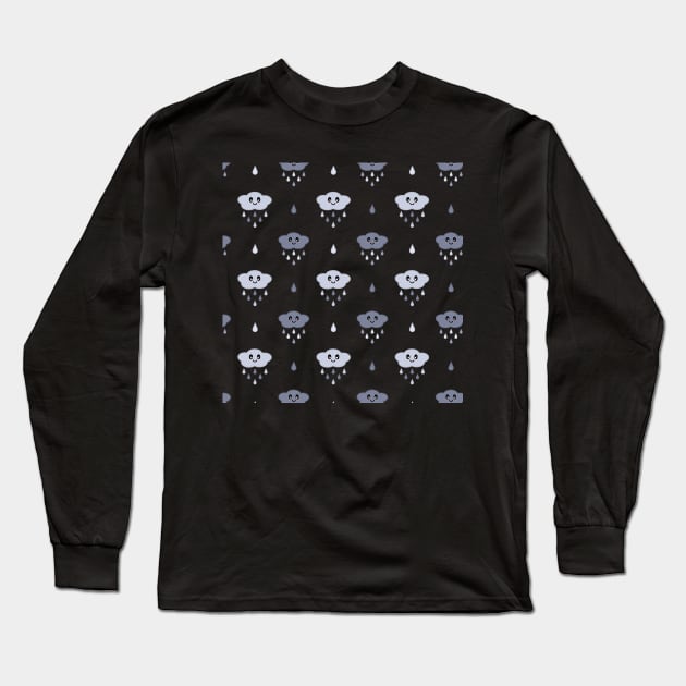 Kawaii Cute Rain Cloud Pattern in Black Long Sleeve T-Shirt by Kelly Gigi